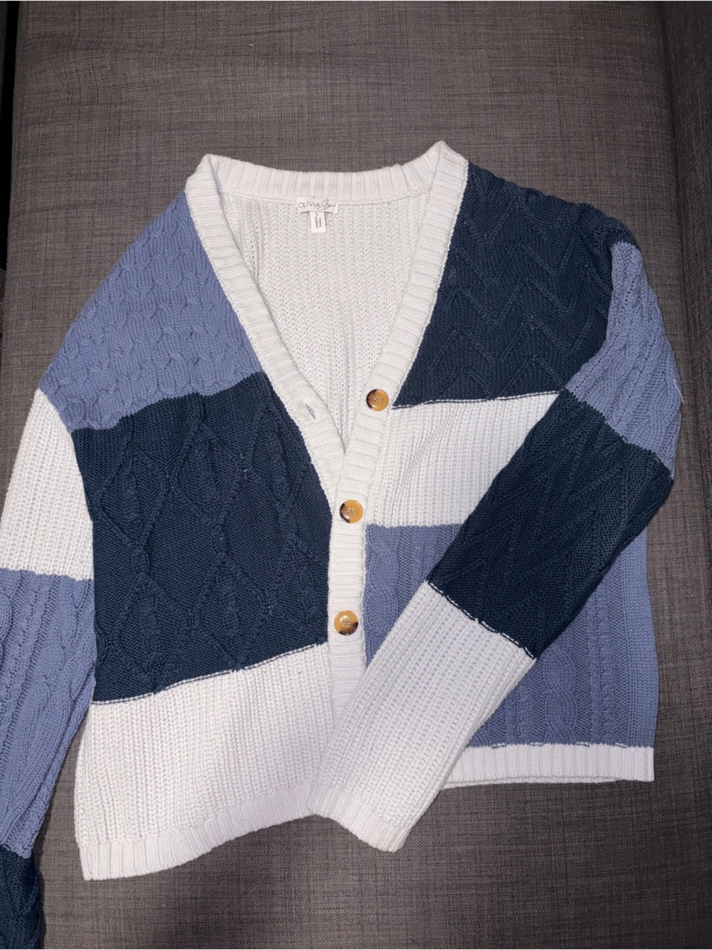 Olivia Sky Navy White Light Blue Colorblock Cable Knit Cardigan